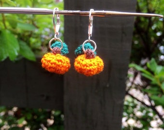Tiny crochet pumpkin earrings, necklace pendant, or decoration