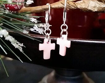Tiny Cross Shell Earrings, Hypoallergenic Silver Plated Leverback