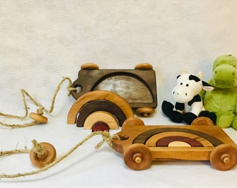 Wooden Rainbow Stacker Toy, All Natural, Pull cart
