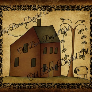 Primitive Digital Art- SaltBox House - Border -Pantry Label- Digital Transfer-Label JPEG File Instant Download