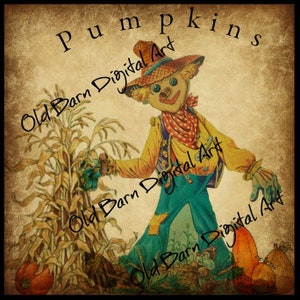 4x4 Primitive Digital Art Image/ Label /Fall Image /Scarecrow/Pumpkins/Autumn/Grungy/Paper/ Digital Transfer/JPEG File Instant Download