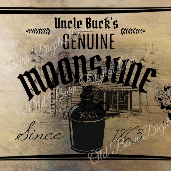 Primitive Digital Art- Moonshine -Oncle Buck's - Genuine - Jar Candle Logo- Pantry Jar- Crock- Rusty Cans - Label JPEG File Instant Download