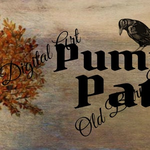 3x7 Primitive Digital Art Image/ Label /Pumpkin Patch/Crow/ Fall Leaves/Grungy Paper/ Digital Transfer/JPEG File Instant Download
