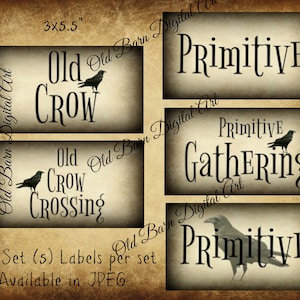 Primitive Digital Art Crow Set/ Labels / Old Crow/Crow Crossing/Gathering/Grungy Paper/ Digital Transfer/Label/JPEG File Instant Download