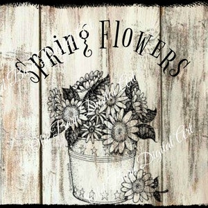Primitive Digital Art- Spring  Flowers  - Container of Flowers - Black and White - Farmhouse - Logo- Pantry-Label JPEG File Instant Download
