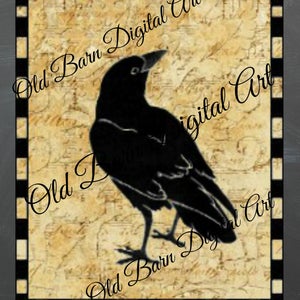 Primitive Digital Art- Crow - Checkered Border - Pantry Label- Digital Transfer-Label JPEG File Instant Download