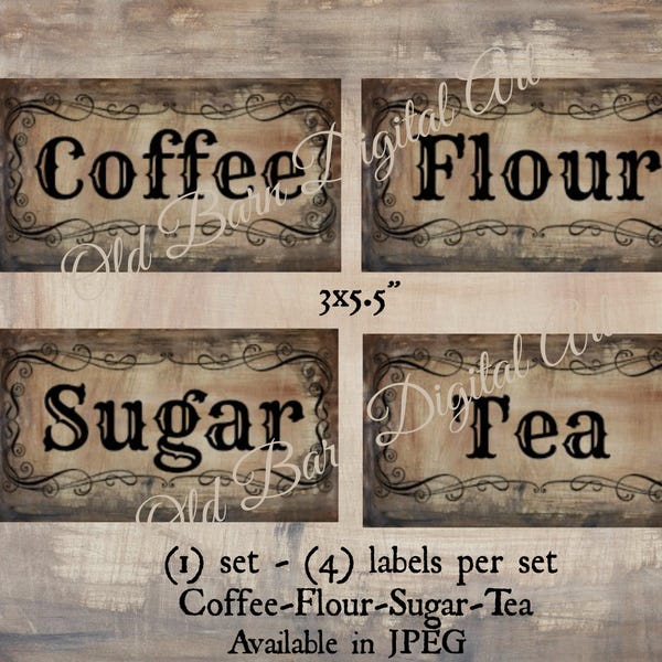 Primitive Digital Art Canister Set/ Labels / Coffee/Flour/Sugar/Tea/ - Grungy Paper/ Digital Transfer/Label/JPEG File Instant Download