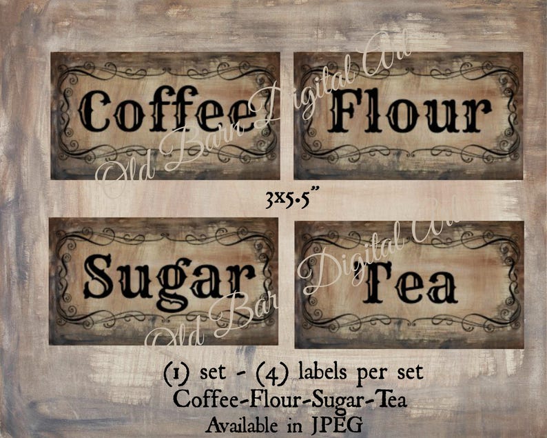 Primitive Digital Art Canister Set/ Labels / Coffee/flour/sugar/tea ...