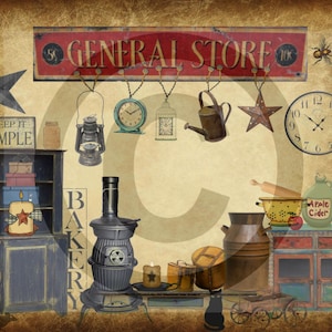 Primitive Digital Art- General Store- Jar Candle Logo- Pantry Label- Country Crock Label- Rusty Cans Label - JPEG File Instant Download