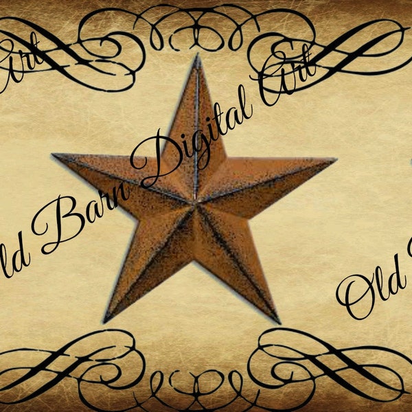 3x7 Primitive Digital Art Image/ Label /Brown Barn Star/Grungy/Paper/ Digital Transfer/JPEG File Instant Download