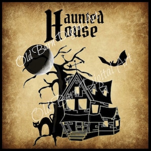 4x4 Primitive Digital Art Image/ Label /Haunted House/Fall/Autumn/Halloween/Grungy/Paper/ Digital Transfer/JPEG File Instant Download