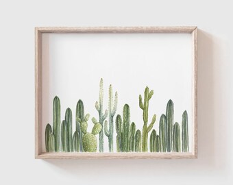 Cactus Row No 4 Art Print - cactus painting - cacti - cactus watercolor - home decor painting - southwestern painting - greenery - cacti art