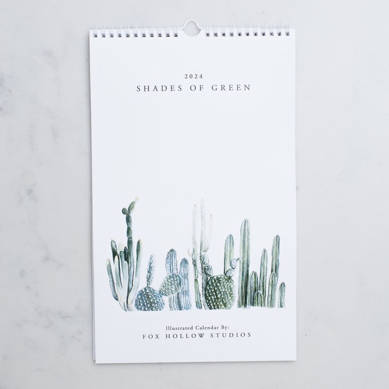 Shades of Green: 2024 Wall Calendar Greenery Calendar Spiral Bound Hanging Wall Calendar Cactus Watercolor Calendar Modern Farm image 1