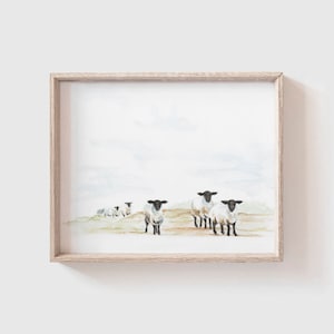 Puede incluir: Una pintura de acuarela de un grupo de ovejas blancas con caras negras de pie en un campo. Las ovejas están mirando al espectador y están de pie en una línea. El fondo es un cielo azul claro con nubes blancas.