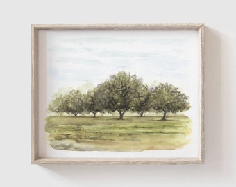 Tree Scene Art Print  - Tree Grove Painting - Greenery - Oak Tree - Meadow - tree watercolor - Home Decor