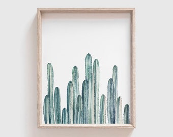 Cactus Row No 3 Art Print - Teal Cacti - cactus painting - cactus watercolor - southwestern painting - greenery - cacti art - southwest