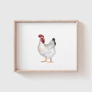 White Chicken Art Print Farm Animal Painting Chicken Hen Painting Farmhouse Chicken Painting Kitchen Decor Yellow Hen image 1