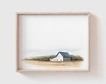 Barn No 1 Art Print - White and blue Barn - Barn Painting - Barn Watercolor Print - Farmhouse - Modern Farmhouse - Home Decor - Home - Farm