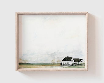 Farmhouse No 1 Art Print (Digital Download) - White Farmhouse Painting - Watercolor Print - Barn - Modern Farmhouse - Home Decor