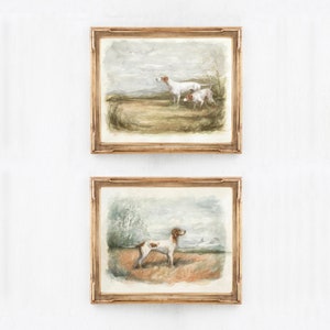 Vintage English Dogs Art Print Set (2) -  English Pointer Dog Painting - Bird Hunting Dogs - Impressionistic Painting