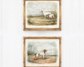 Vintage English Dogs Art Print Set (2) -  English Pointer Dog Painting - Bird Hunting Dogs - Impressionistic Painting