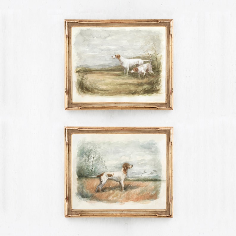 vintage English Dogs Art Print Set 2 English Pointer Dog Painting Bird Hunting Dogs Impressionniste Peinture image 1