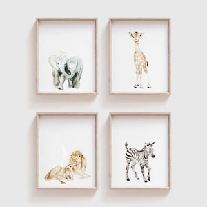 Safari Animal Art Prints Set of 4 (Digital Download) - Animal Painting  Watercolor - Giraffe - Zebra - Lion - Elephant - Baby Boy Girl