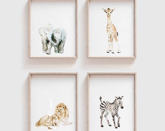 Safari Animal Art Prints Set of 4 (Digital Download) - Animal Painting  Watercolor - Giraffe - Zebra - Lion - Elephant - Baby Boy Girl