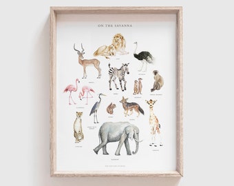 On the Savanna Animal Poster - Animal Poster - Baby Room - Baby Girl - Baby Boy - Safari - gift - Baby Shower -Language Development - farm