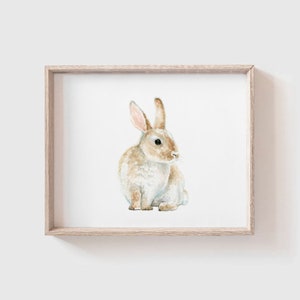 May include: A watercolour painting of a brown and white rabbit sitting on a white background. The rabbit has long ears and a fluffy tail.