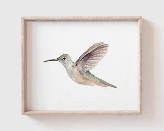 May include: A watercolor painting of a hummingbird in flight. The hummingbird is depicted with a green head, brown body, and purple wings. The background is white.