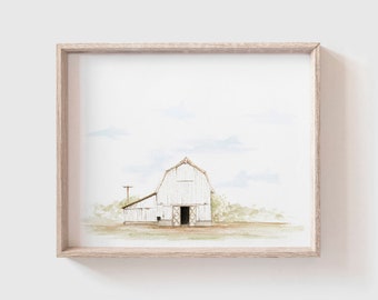 Barn No 7 Art Print - White Barn Watercolor - Barn Painting - Barn Watercolor Print - Modern Farmhouse - Home Decor - Home - Farm - Barn