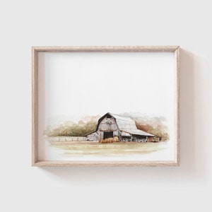 Barn No 5 Art Print (Digital Download) - Barn with Hay Bales Watercolor Painting - Watercolor Print - Modern Farmhouse - Home Decor - Farm