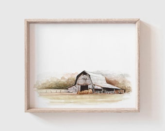 Barn No 5 Art Print (Digital Download) - Barn with Hay Bales Watercolor Painting - Watercolor Print - Modern Farmhouse - Home Decor - Farm