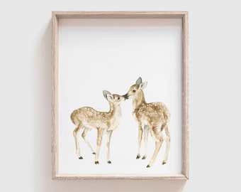 Kissing Deer Art Print - Woodland Animal Painting - Baby Deer - Baby Deer Watercolor - Fawn Painting - Baby Room - Baby - Home Decor