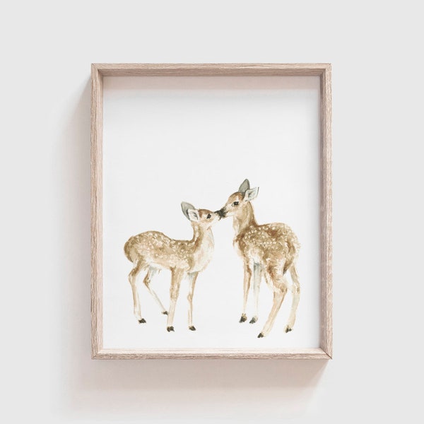 Kissing Deer Art Print - Woodland Animal Painting - Baby Deer - Baby Deer Watercolor - Fawn Painting - Baby Room - Baby - Home Decor