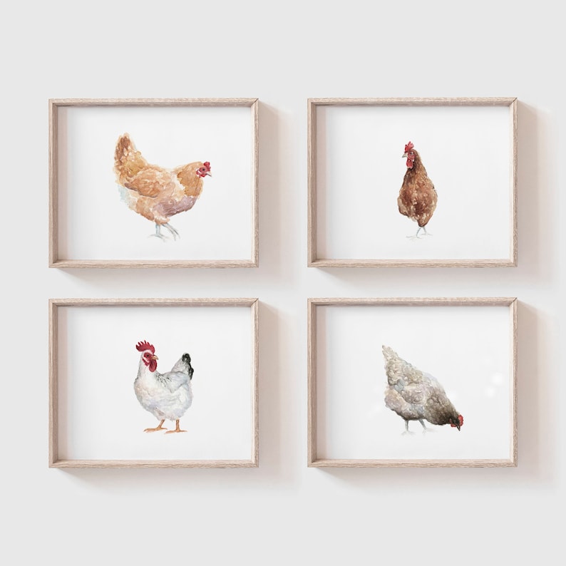 Chickens Art Print Set of 4 Digital Download Watercolor Farm Animal Painting Yellow Red Brown White Hen image 1