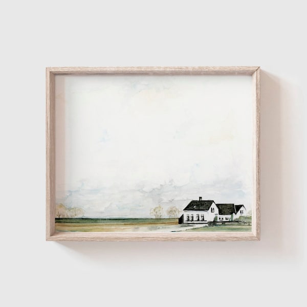 Farmhouse No 1 Art Print - White Farmhouse - farmhouse Painting - farmhouse Watercolor Print - Barn - Modern Farmhouse - Home Decor - Home