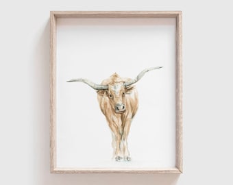 Longhorn Art Print - Longhorn Painting - Texas Painting - UT - Farm Animal Painting - Longhorn Watercolor - University of Texas