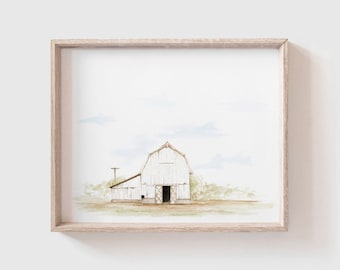 Barn No 7 Art Print (Digital Download) - White Barn Watercolor Painting - Barn Watercolor Print - Modern Farmhouse - Home Decor - Farm