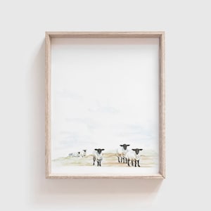 May include: A watercolour painting of a group of sheep standing in a field. The sheep are white with black faces and are looking towards the viewer. The background is a light blue sky with white clouds.