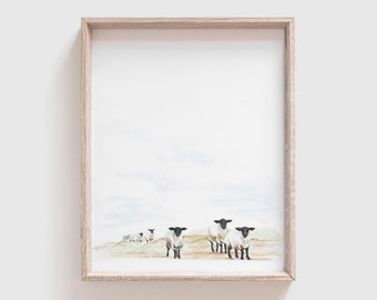 Sheep Scene Art Print (Digital Download) - Watercolor - Farm Animal Painting - Lamb - Baby Doll