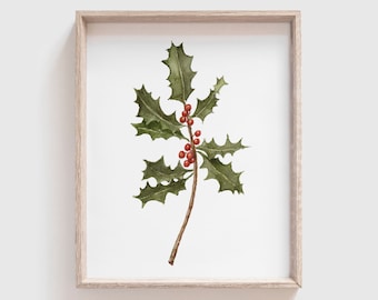 Holly Branch Art Print (Digital Download) - Flowers - Florals - Christmas Gift - Watercolor Painting - Home Decor