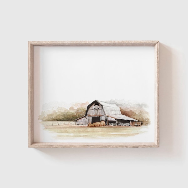 Barn No 5 Art Print - Barn with Hay Bales Watercolor - Barn Painting - Watercolor Print - Modern Farmhouse - Home Decor - Home - Farm
