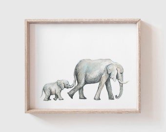 Elephants No 2 Art Print - Elephant painting - elephant - baby elephant - safari animals - animal print - baby room - watercolor - Baby Room