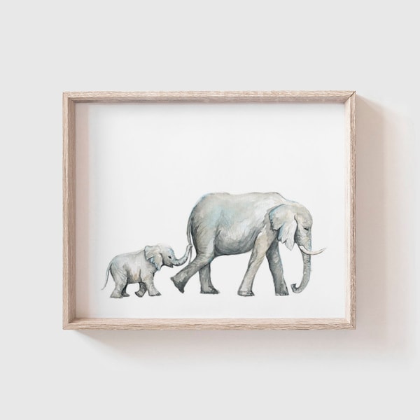 Elephants No 2 Art Print - Elephant painting - elephant - baby elephant - safari animals - animal print - baby room - watercolor - Baby Room
