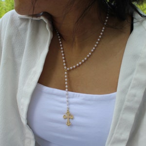 Rosary Style Beaded Necklace Gold Pearls