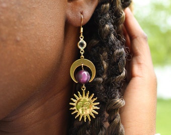 Gold Sun and Moon Earrings with Purple Iridescent Bead