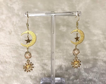 14kt Gold Plated Dangly Moon and Star Earrings