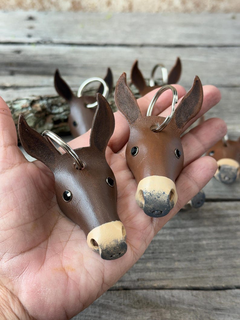 Leather Mule Keychain, Hand Painted Longear Mule Head, Mule Lover Gift image 7
